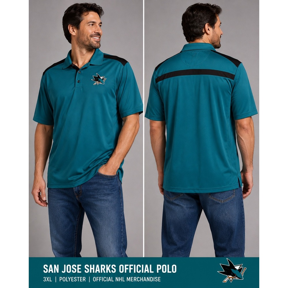 NHL San Jose Sharks Official Polo Shirt Mens 3XL Teal Black Performance Logo